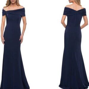 NWT La Femme Off the Shoulder Gown Navy Evening Maxi Dress P4621
